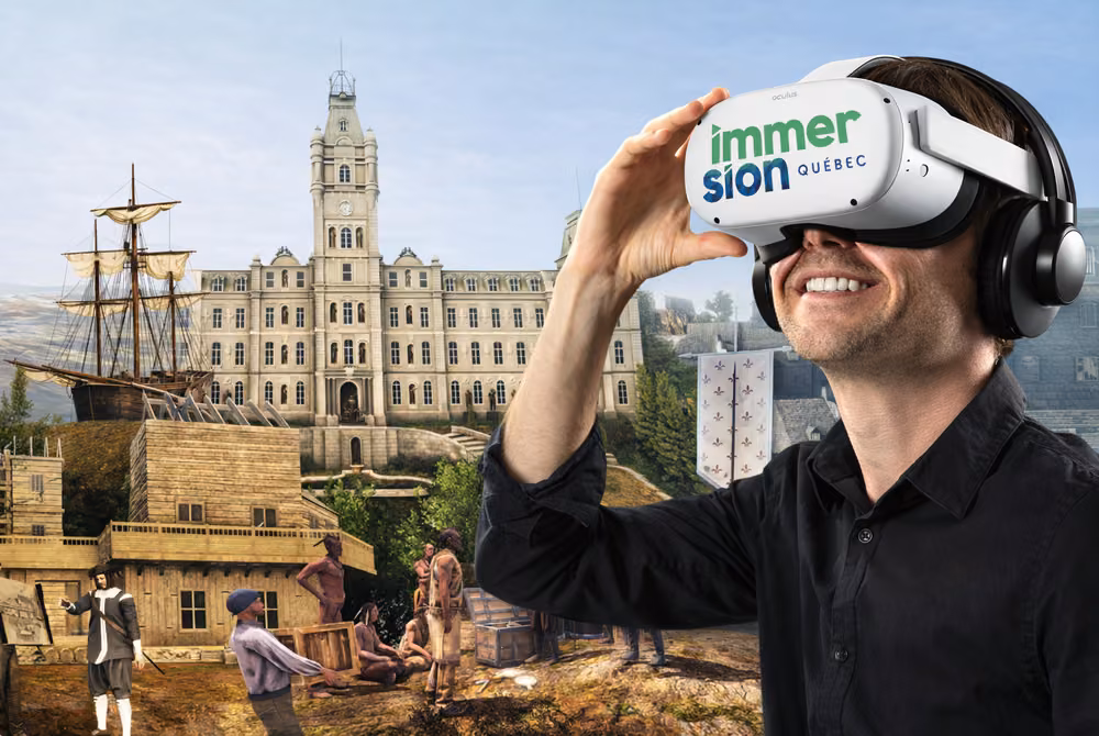 A visitor wearing an Immersion Québec VR headset, with 17th-century Québec behind him.