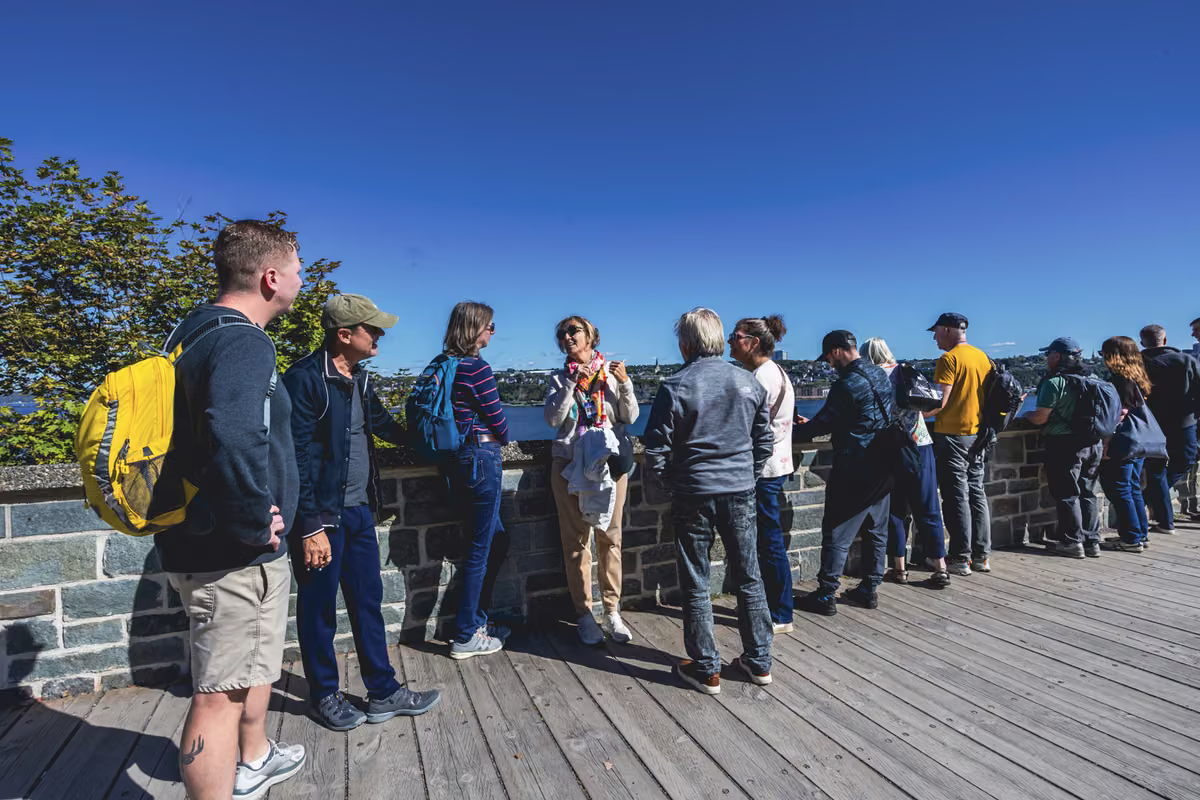 Visitors gathered along the fortifications overlooking the St. Lawrence River.