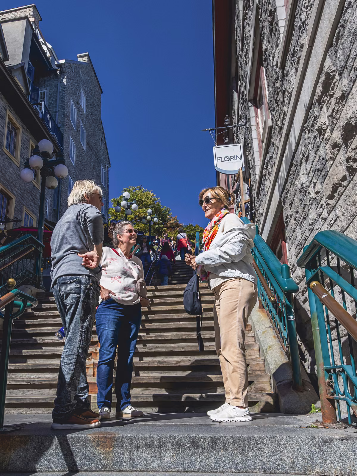A group on the Breakneck Stairs between the Upper and Lower Town.